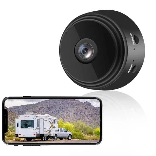Schwarze HD Rückfahrkamera für Lkw und Wohnmobile, kabellos, mit Infrarot-LEDs und 360°-Halterung, einfache Installation.