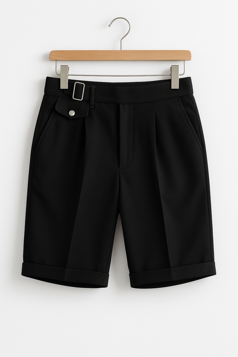 Weiße elegante Herren Falten-Shorts, maßgeschneidert mit seitlichen Schnallen. Stilvolle Sommer-Freizeitmode.