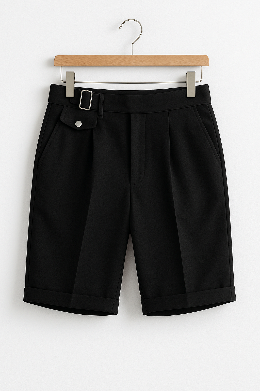 Weiße elegante Herren Falten-Shorts, maßgeschneidert mit seitlichen Schnallen. Stilvolle Sommer-Freizeitmode.