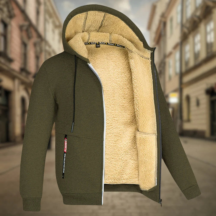 Schwarze Herren-Kapuzenjacke mit Reißverschluss, warm und stilvoll für den Alltag.