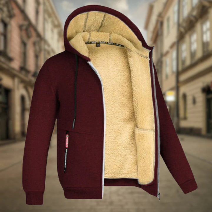 Warme Herren-Winterjacke mit Kapuze in Schwarz, robust und komfortabel für kalte Tage.