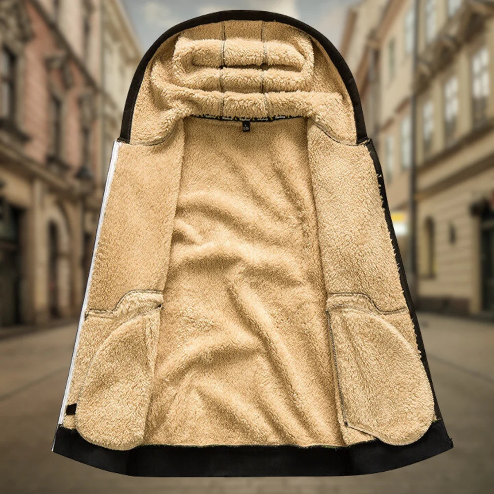 Graue Alltags-Kapuzenjacke für Herren, robust, bequem und ganzjährig einsetzbar, mit Reißverschluss.