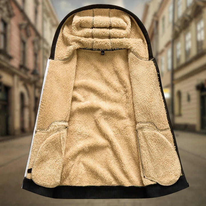 Graue Alltags-Kapuzenjacke für Herren, robust, bequem und ganzjährig einsetzbar, mit Reißverschluss.