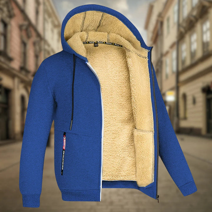 Schwarze Herren-Kapuzenjacke mit durchgehendem Reißverschluss, warm und vielseitig für jede Jahreszeit.