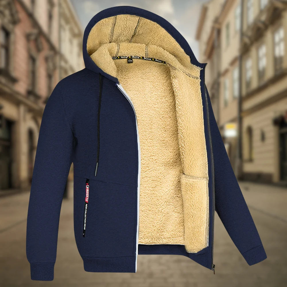 Moderne graue Herren-Kapuzenjacke, bequem, stilvoll und robust, perfekt für Alltag und Freizeit.