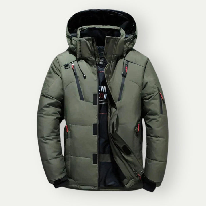 Grüne, leichte Herren Daunenjacke; wasserabweisend & warm. Ideal für Outdoor-Mode & Komfort.