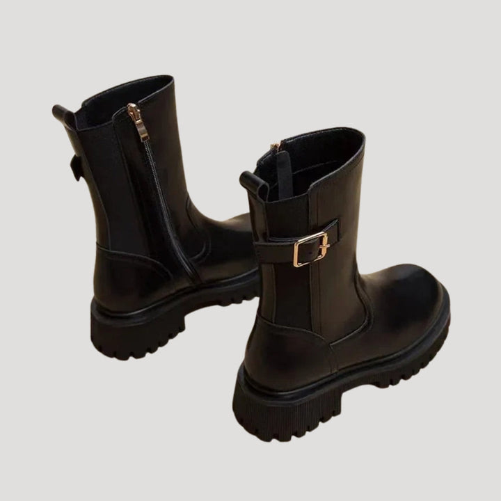 Trendige wadenhohe Damen Chunky Stiefel in Schwarz, ideal für Frühling und Herbst, ein Must-have für Streetstyle.
