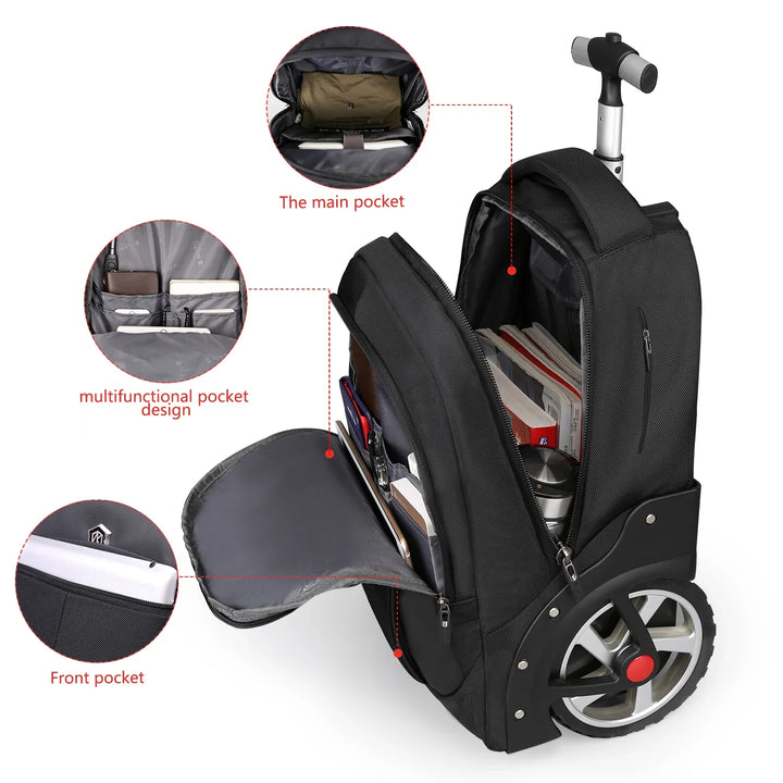Flexibler Rollrucksack für Laptop, nutzbar als Rucksack oder Trolley, perfekt für Schule, Uni und Wochenendtrip.