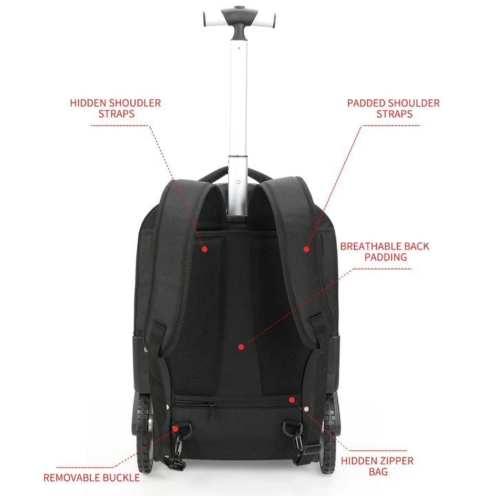 Geräumiger Laptop-Rucksack mit Rollen, schützt Notebooks und Dokumente, ideal für Büro und Dienstreise.