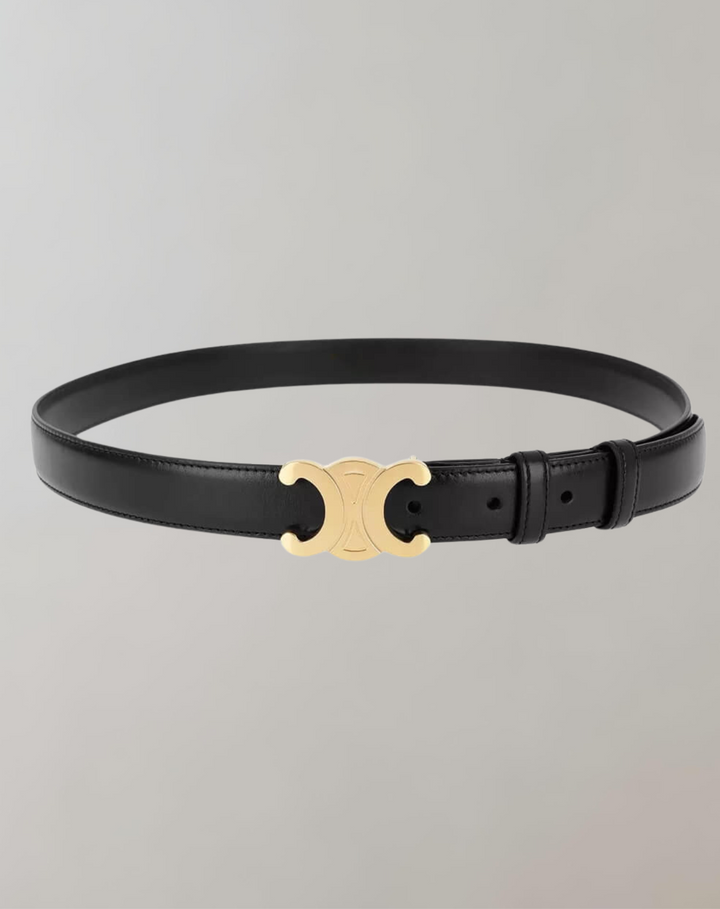 Schwarzer veganer Damen Gürtel mit Goldschnalle, stilvolles Accessoire für bewusste Fashionistas, vielseitig tragbar.