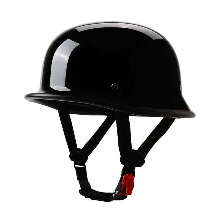 "Schwarzer Vintage Halbschalen-Motorradhelm mit glänzender Oberfläche und modernem Schutz für Street-Style-Enthusiasten."