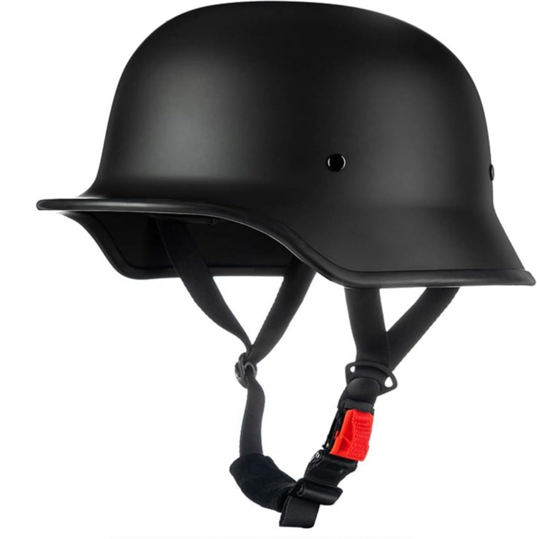 "Schwarzer Vintage Halbschalen-Motorradhelm mit glänzender Oberfläche und modernem Schutz für Street-Style-Enthusiasten."