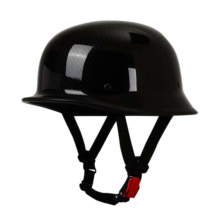 "Schwarzer Vintage Halbschalen-Motorradhelm mit glänzender Oberfläche und modernem Schutz für Street-Style-Enthusiasten."