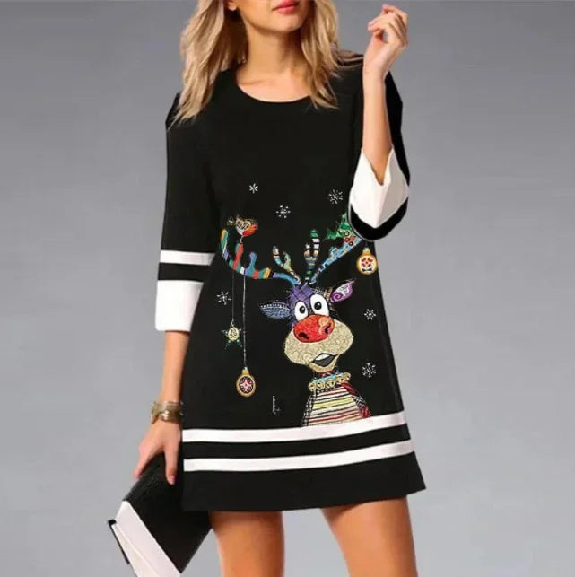 Elegantes schwarzes Damen Partykleid mit Rentier, vielseitig für Weihnachten, Freizeit & festliche Events.