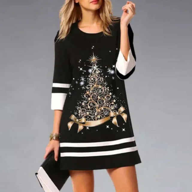Winterliches Damen Weihnachtskleid in Schwarz mit festlichem Rentier-Muster, ideal für gemütliche Feiertage.