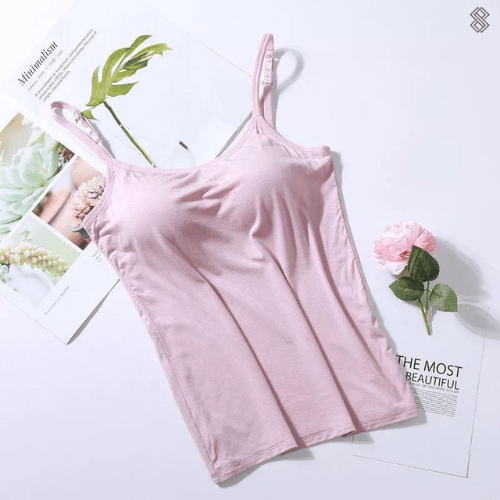 Seidiges Top mit integriertem BH, atmungsaktiv, figurbetont, erhältlich in Grau, Hauttöne, Rosa, Schwarz, Weiß.