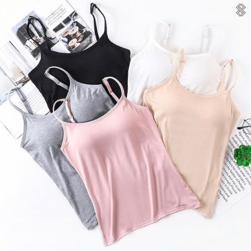 Seidiges Top mit integriertem BH, atmungsaktiv, figurbetont, erhältlich in Grau, Hauttöne, Rosa, Schwarz, Weiß.