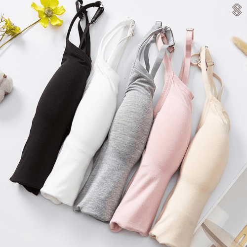 Seidiges Top mit integriertem BH, atmungsaktiv, figurbetont, erhältlich in Grau, Hauttöne, Rosa, Schwarz, Weiß.
