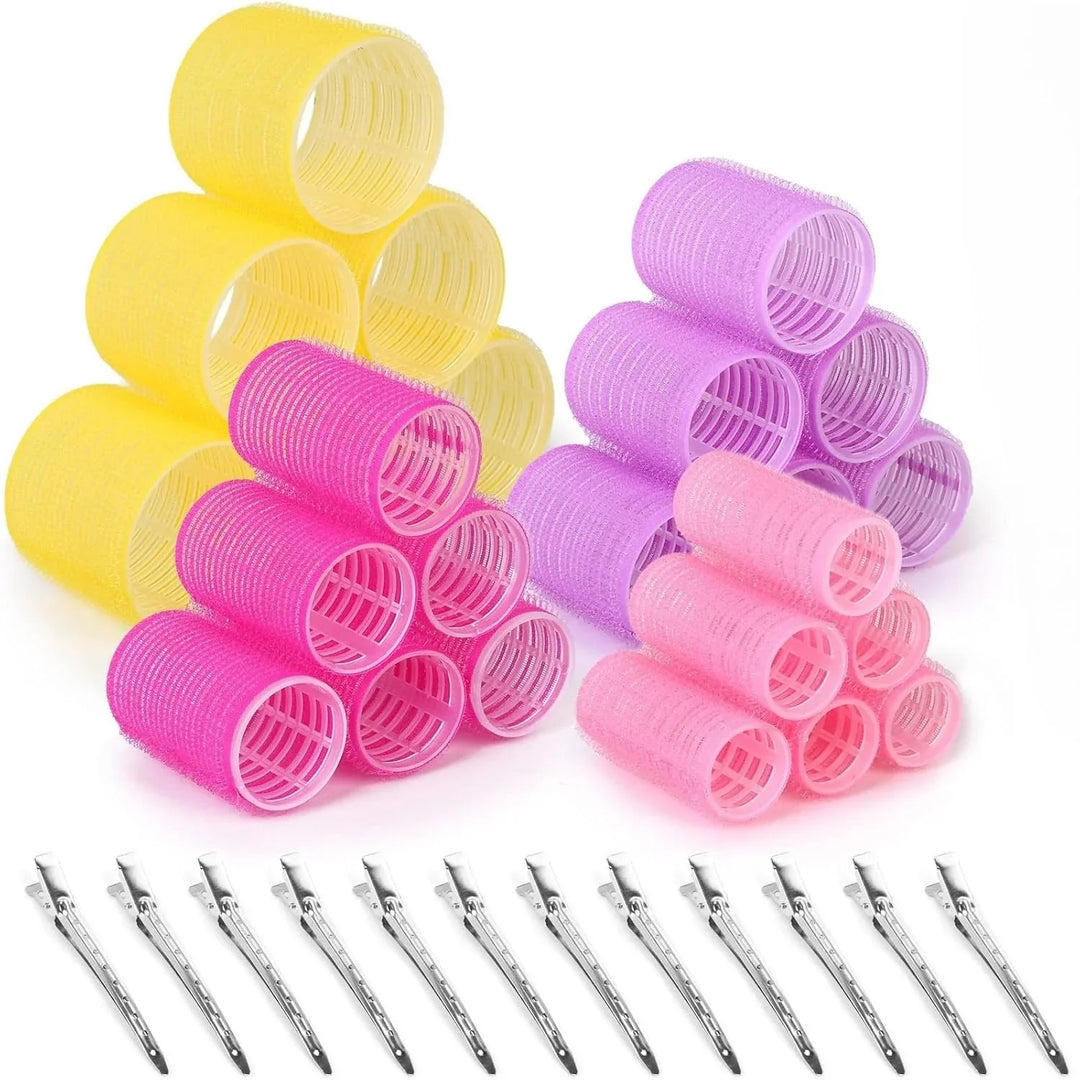 "Selbstklebende Haarwickler für Volumen und Locken, farbenfrohe Wickler, keine Clips notwendig, schonend für das Haar."