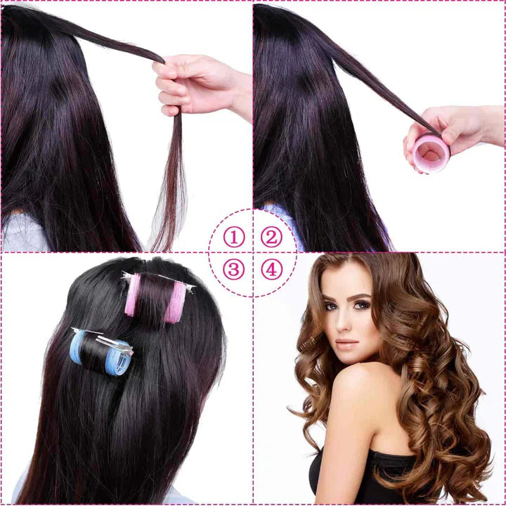 "Selbstklebende Haarwickler für Volumen und Locken, farbenfrohe Wickler, keine Clips notwendig, schonend für das Haar."