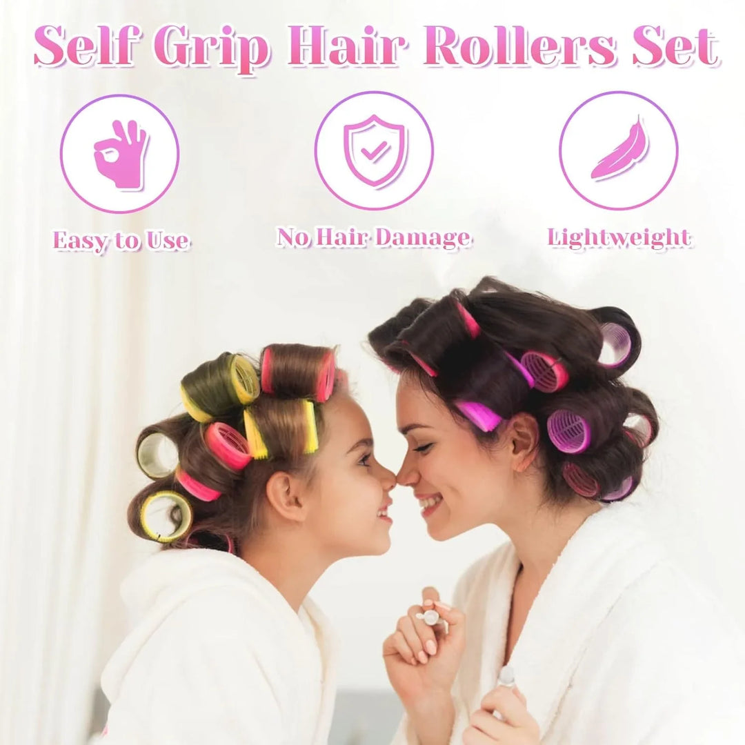 "Selbstklebende Haarwickler für Volumen und Locken, farbenfrohe Wickler, keine Clips notwendig, schonend für das Haar."