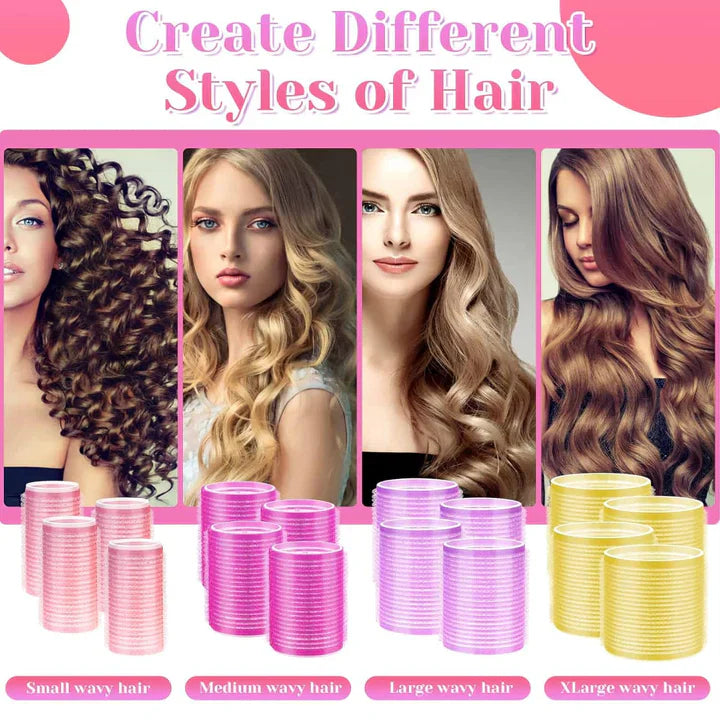 "Selbstklebende Haarwickler für Volumen und Locken, farbenfrohe Wickler, keine Clips notwendig, schonend für das Haar."