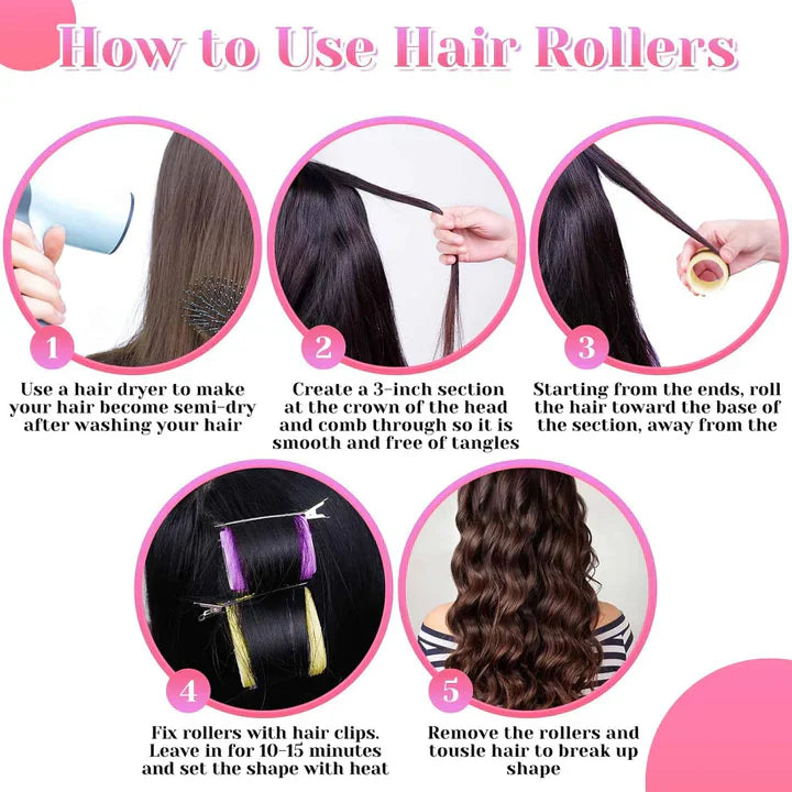 "Selbstklebende Haarwickler für Volumen und Locken, farbenfrohe Wickler, keine Clips notwendig, schonend für das Haar."