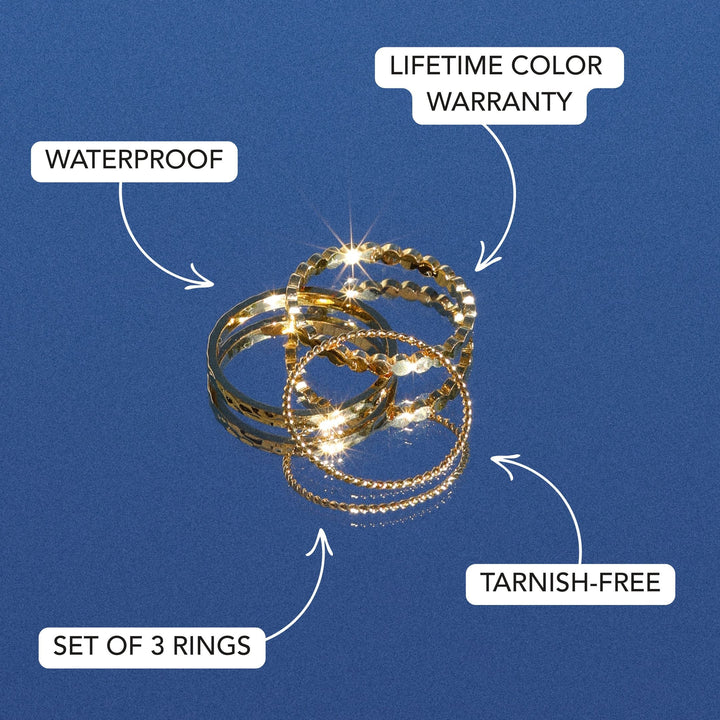 3-teiliges Damen Ring Set strukturiert in Gold am Finger