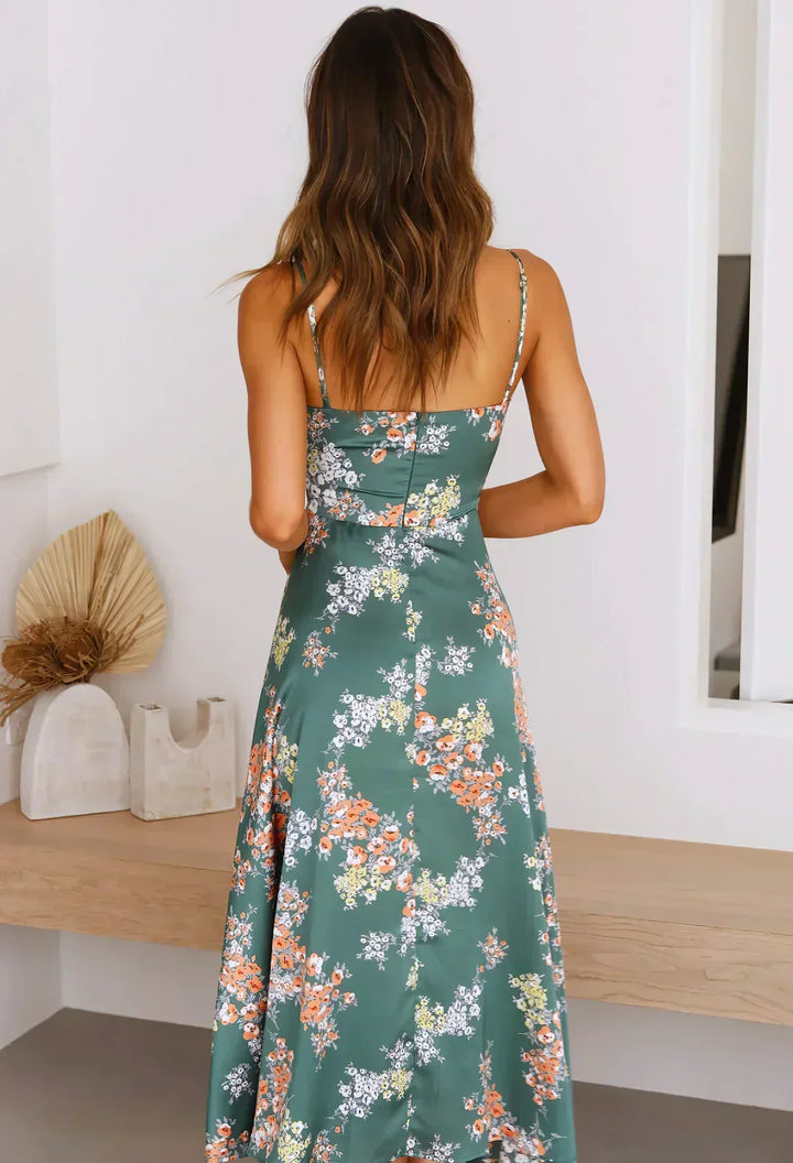 Damen Midi Kleid mit Blumenmuster und hohem Beinschlitz in der Detailansicht