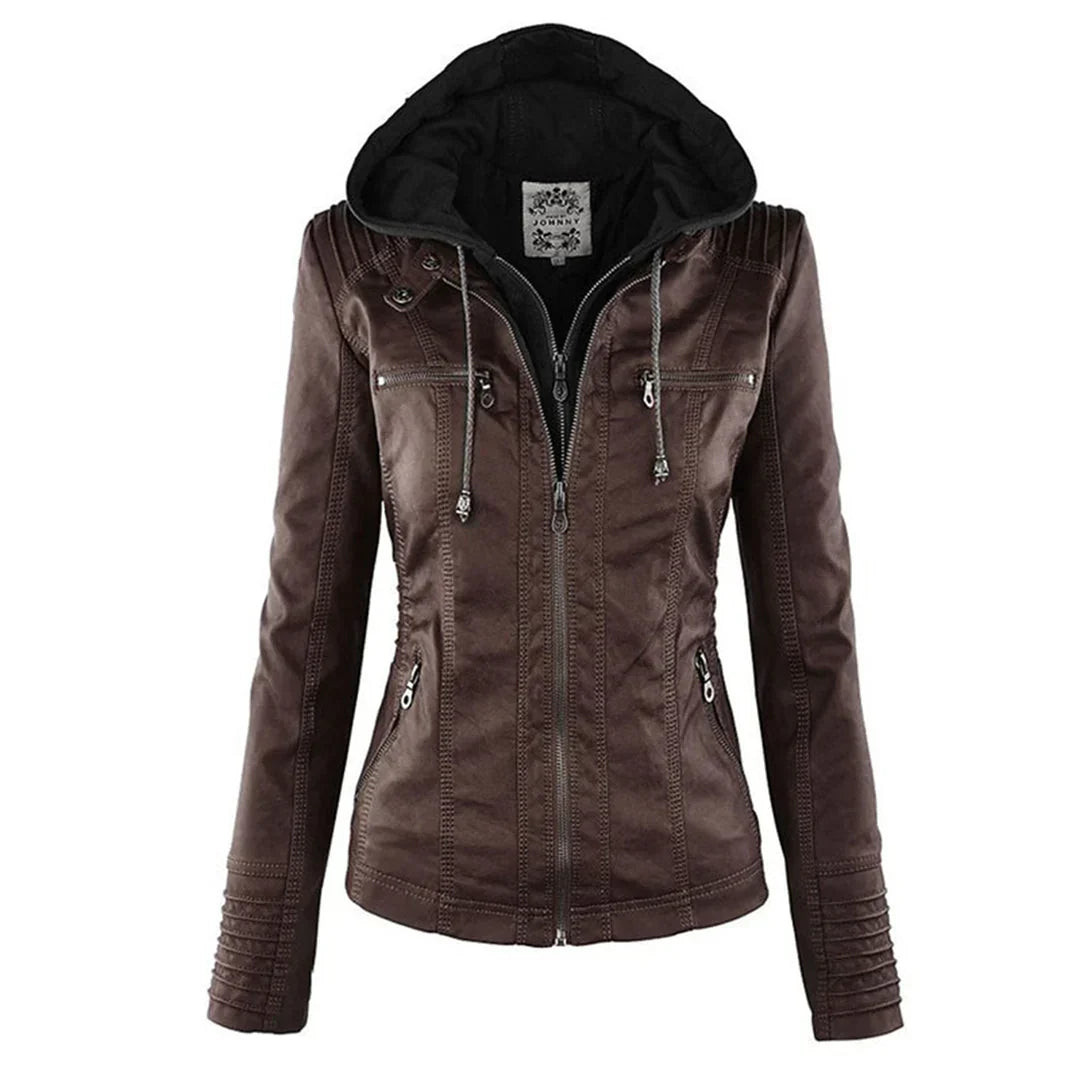 Stilvolle Damen Kapuzenjacke in Braun mit Reißverschlussdetails.