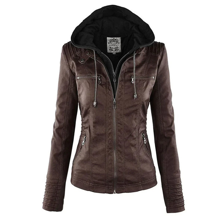 Stilvolle Damen Kapuzenjacke in Braun mit Reißverschlussdetails.