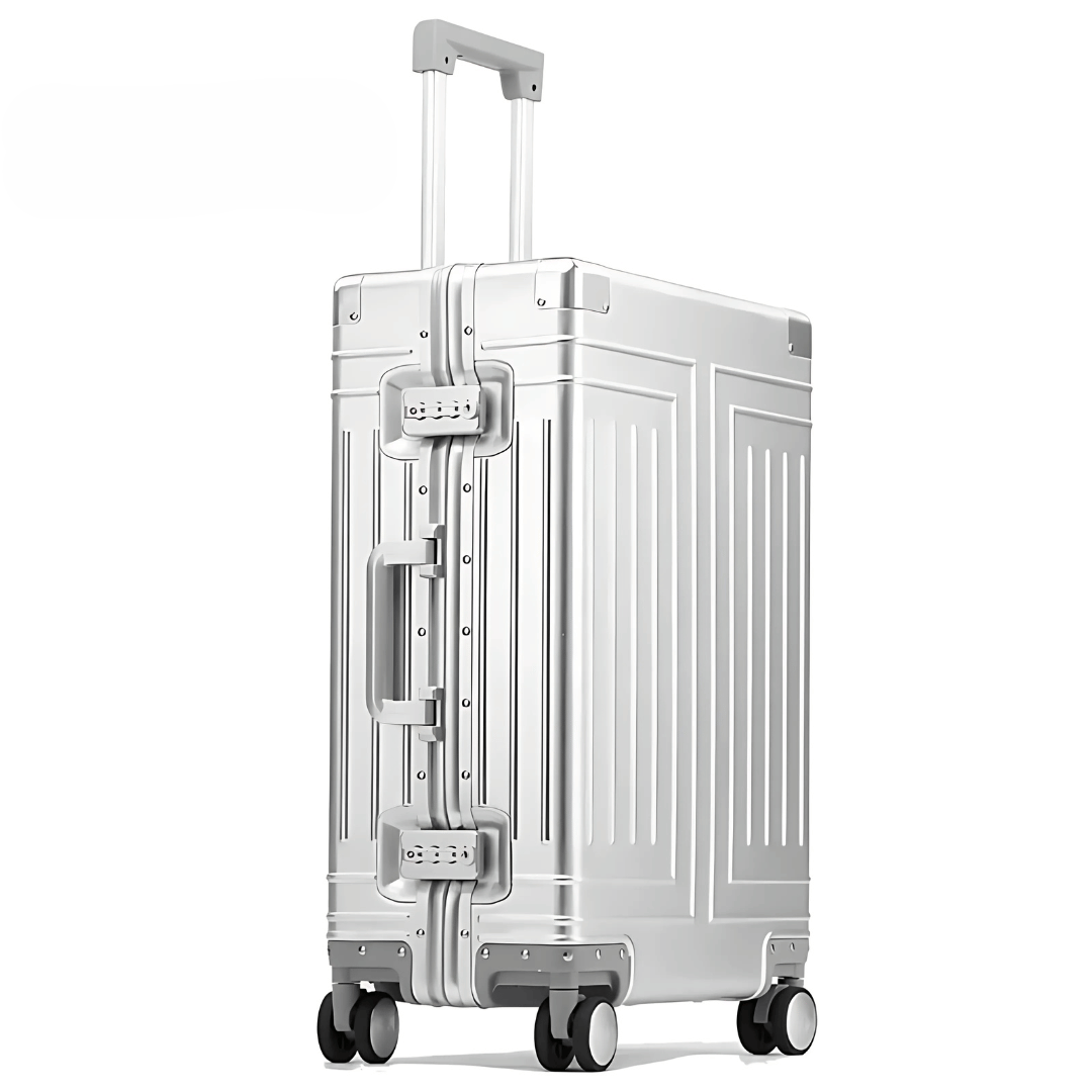 Geräumiger Aluminium-Reisekoffer, robuster Aufgabegepäck-Trolley für sichere Reisen.