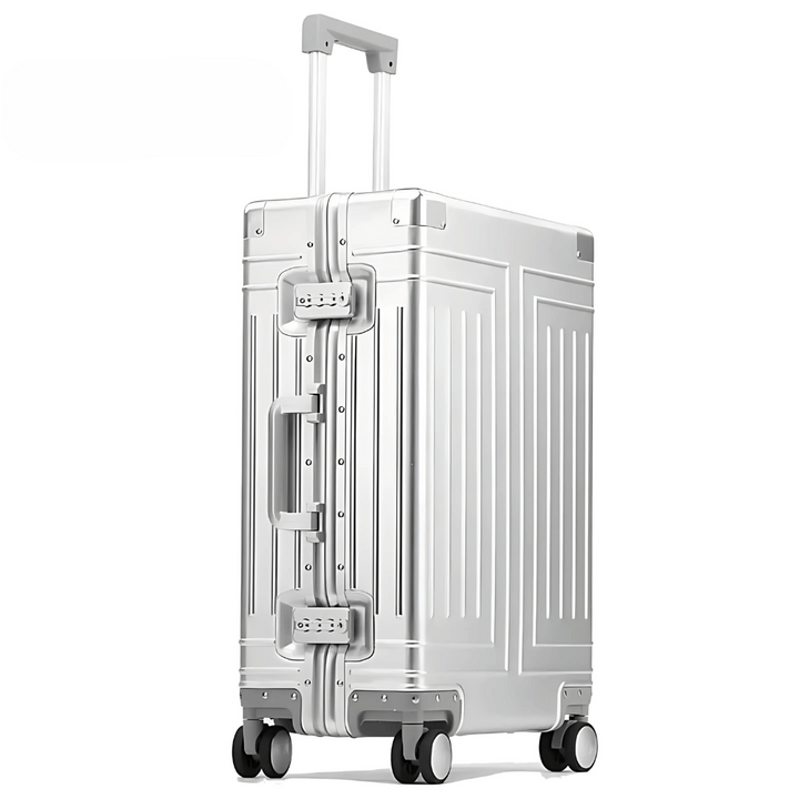 Geräumiger Aluminium-Reisekoffer, robuster Aufgabegepäck-Trolley für sichere Reisen.