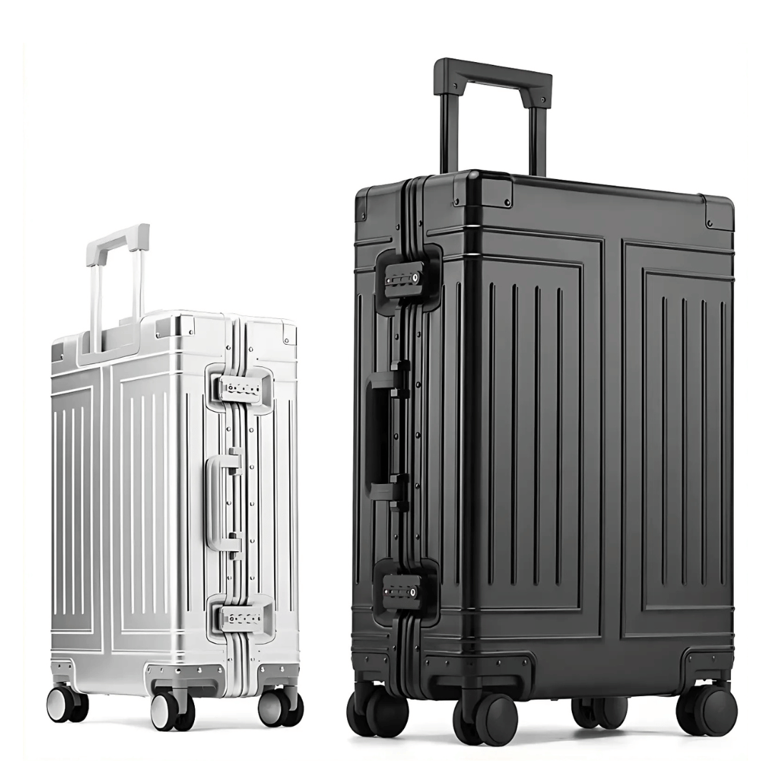 Premium Aluminiumkoffer in Grau, perfekter Business-Trolley mit TSA-Sicherheit.