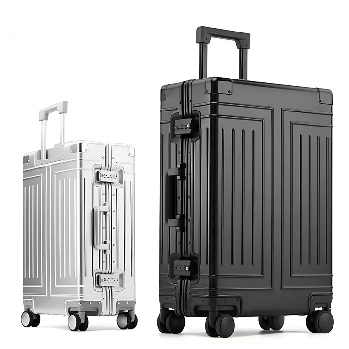 Premium Aluminiumkoffer in Grau, perfekter Business-Trolley mit TSA-Sicherheit.