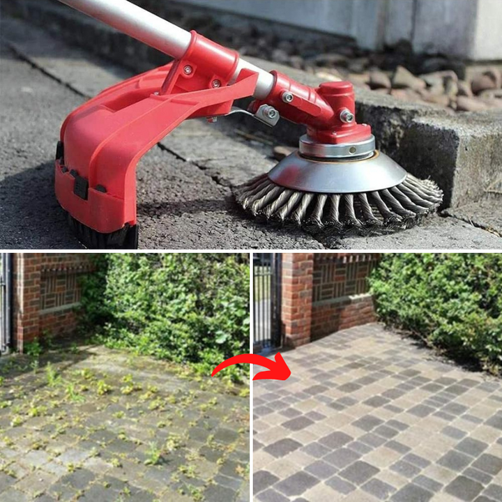"Silberner Unkrauttrimmerkopf aus Stahl, universell passend, 360° Klingen, ideal für effektive Rasenpflege."