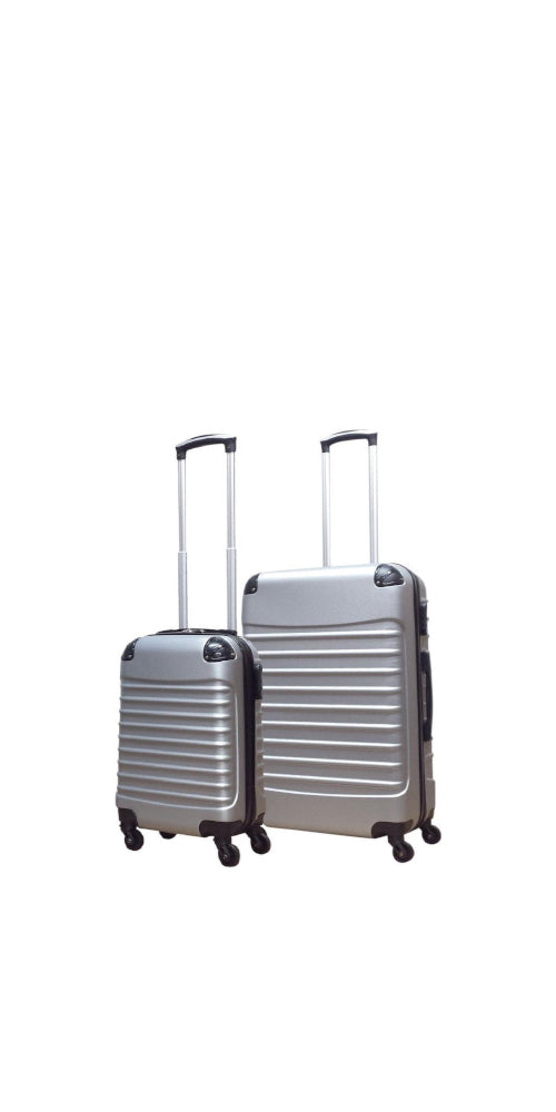 Silbernes 2-teiliges Hartschalen-Kofferset, robust und wendig für Business- und Urlaubsreisen.