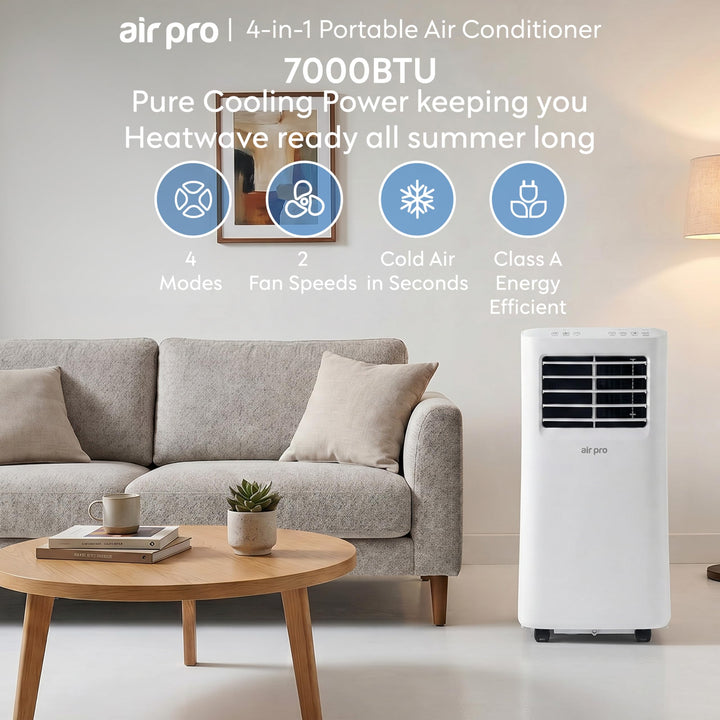 Mobiles Klimagerät mit Rollen. Flexibel einsetzbar für Kühlung, Luftentfeuchtung und Ventilation im Raum.