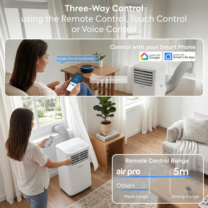 Elegantes, portables Klimagerät mit WiFi im modernen Wohnzimmer für angenehme Kühle & Komfort.