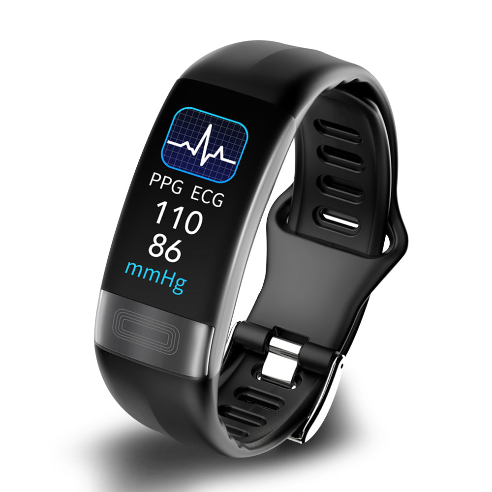 Smartes Gesundheitsarmband mit Blutdruck-Monitor, EKG-Funktion, blauem Silikonband, wasserdicht nach IP67-Standard.