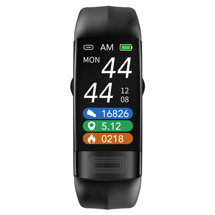 Smartes Gesundheitsarmband mit Blutdruck-Monitor, EKG-Funktion, blauem Silikonband, wasserdicht nach IP67-Standard.