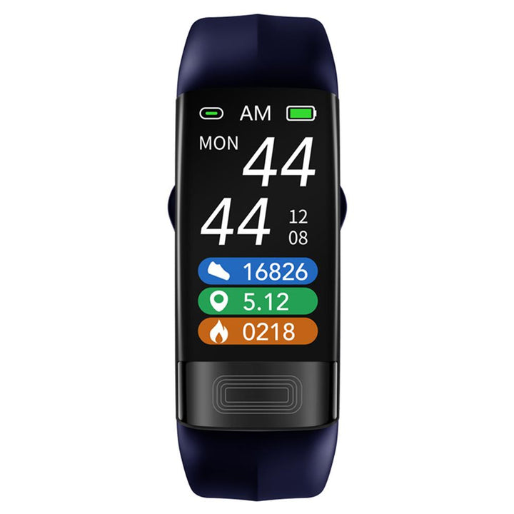 Smartes Gesundheitsarmband mit Blutdruck-Monitor, EKG-Funktion, blauem Silikonband, wasserdicht nach IP67-Standard.