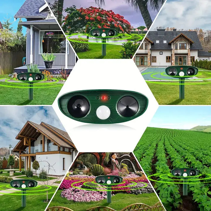 Solarbetriebener Tiervertreiber mit Ultraschall und LED-Blitzlicht, wetterfest für den Garten, umweltfreundlich durch Solarenergie