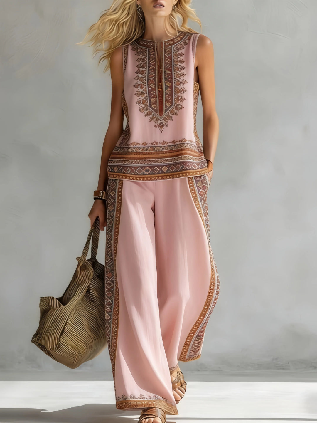 Model trägt das rosa Damen Set Soraya im Bohemian-Stil mit Schultertasche