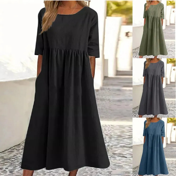 Damen Freizeitkleid mit Rundhals, Kurzarm und praktischen Taschen. Bequem für Alltag & Urlaub.