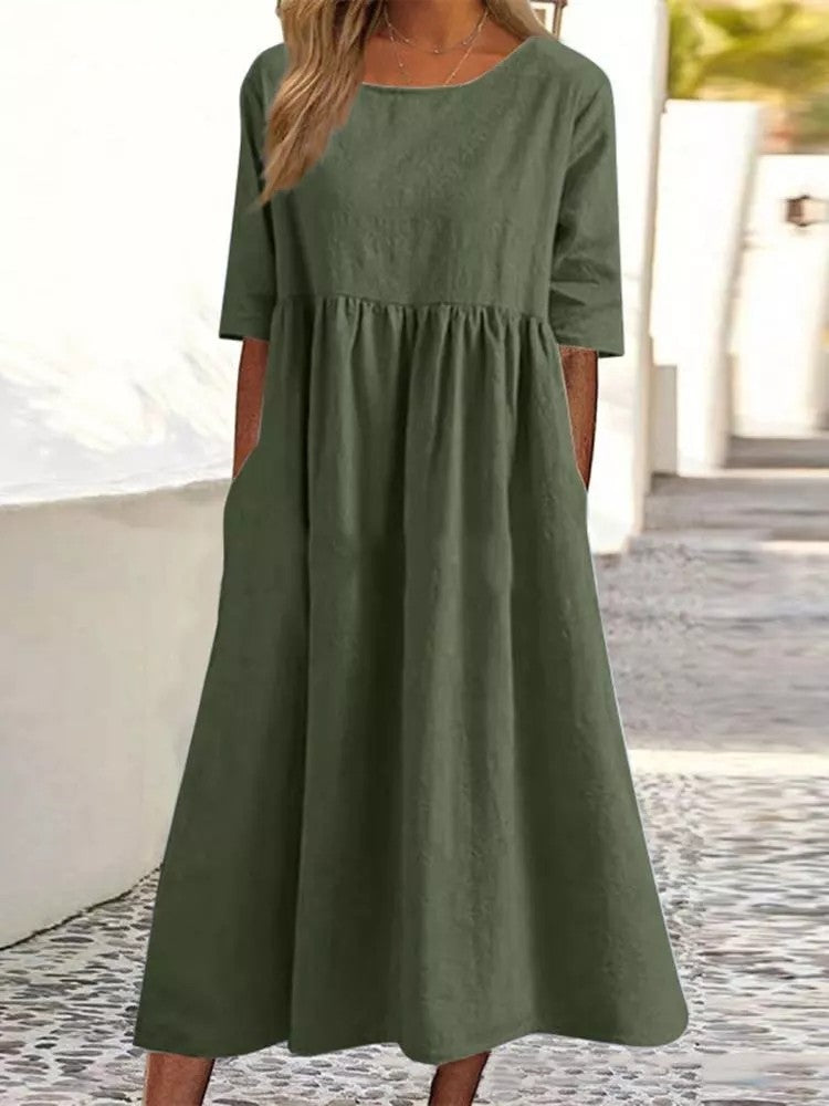 Stylisches Damen Freizeitkleid, Rundhalsausschnitt, Kurzarm, praktische Taschen. Perfekt für Urlaub.