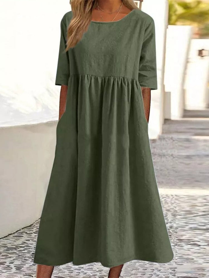 Stylisches Damen Freizeitkleid, Rundhalsausschnitt, Kurzarm, praktische Taschen. Perfekt für Urlaub.