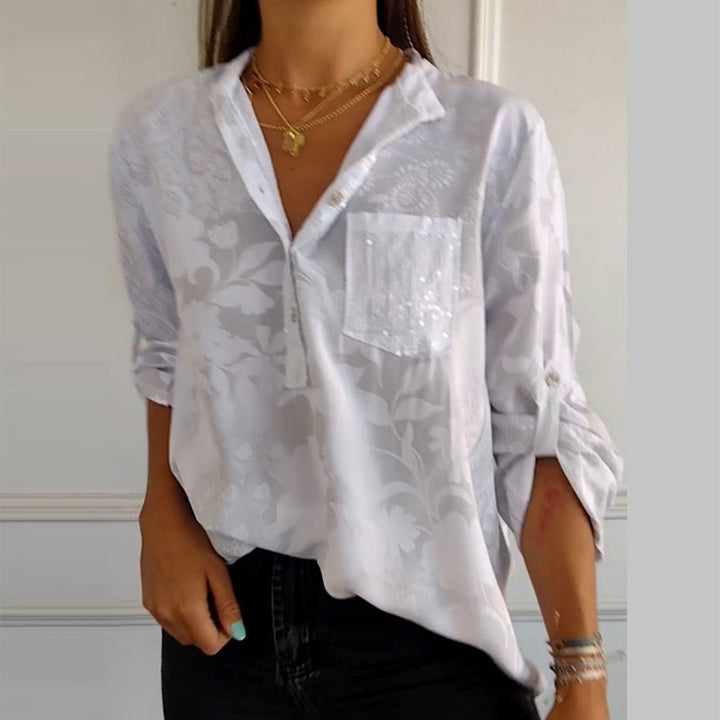 Damen Elegante Floré-Bluse mit Druck und Vordertasche