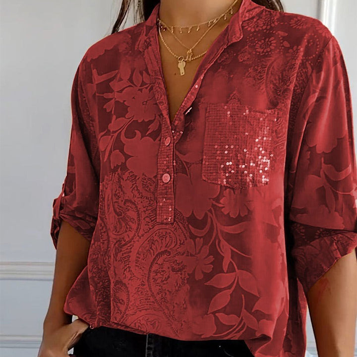 Damen Elegante Floré-Bluse mit Druck und Vordertasche