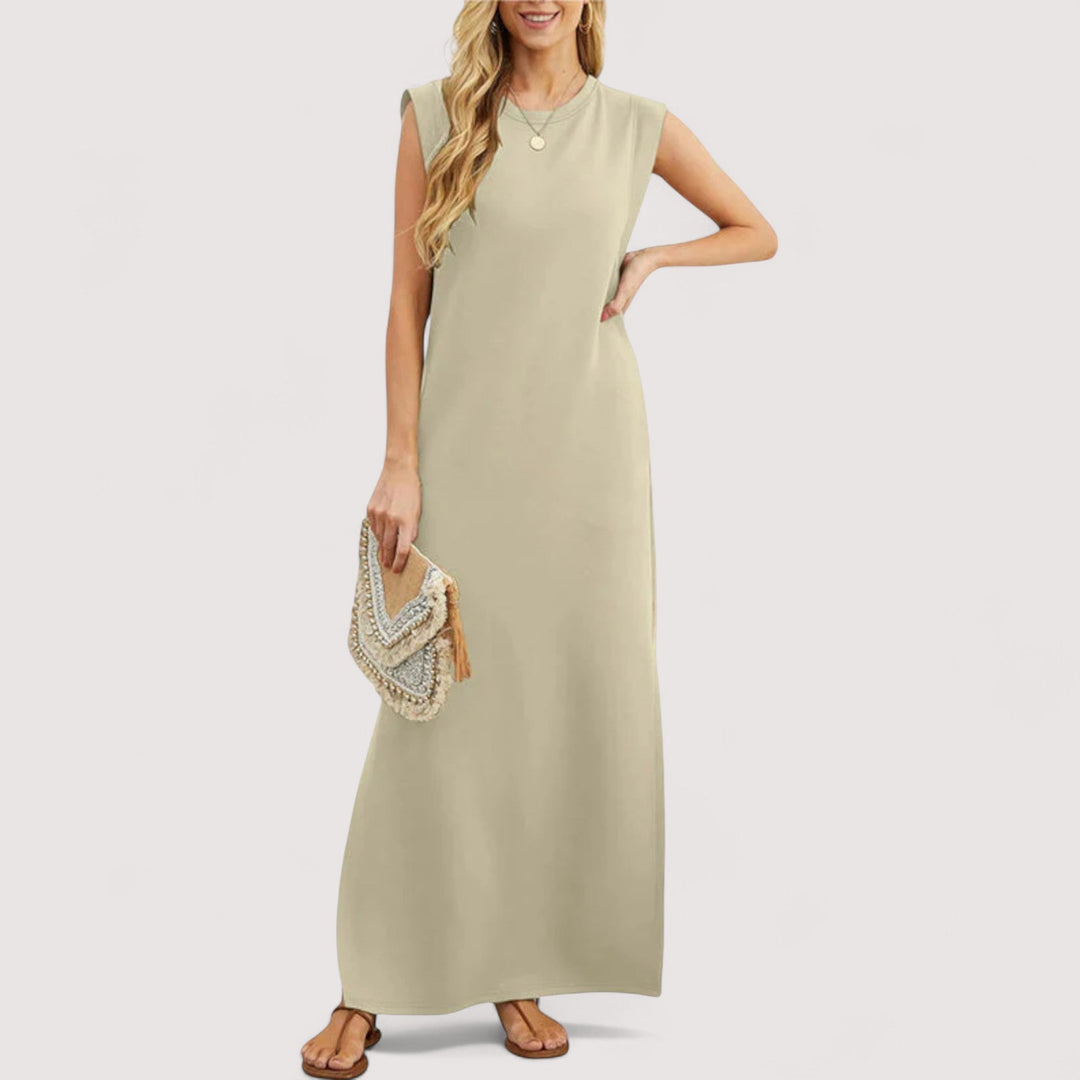 Nahaufnahme des Stoffes vom ärmellosen Damenkleid, leicht und luftig